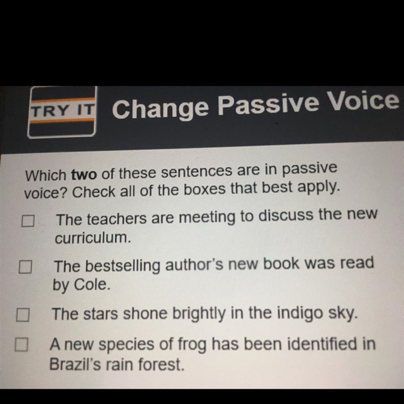 Which two of these sentences are in passive voice-example-1