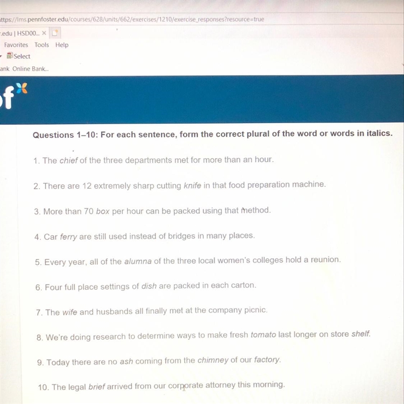 Questions one through 10 for each sentence from the correct plural of the word or-example-1