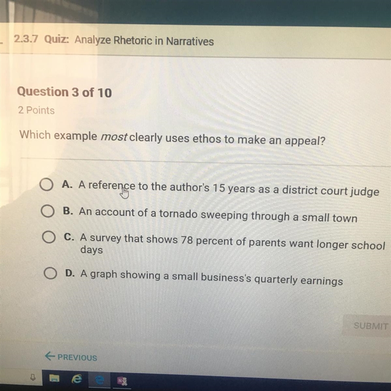 Which example most clearly uses ethos to make an appeal?-example-1