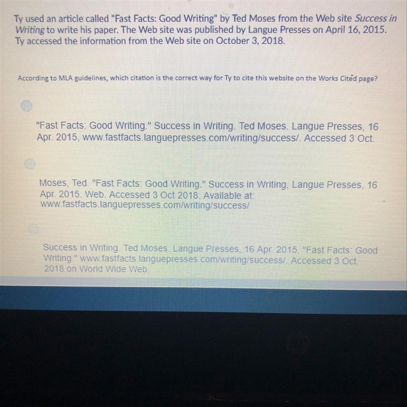 According to MLA guidelines, which citation is the correct way for Ty to cite this-example-1