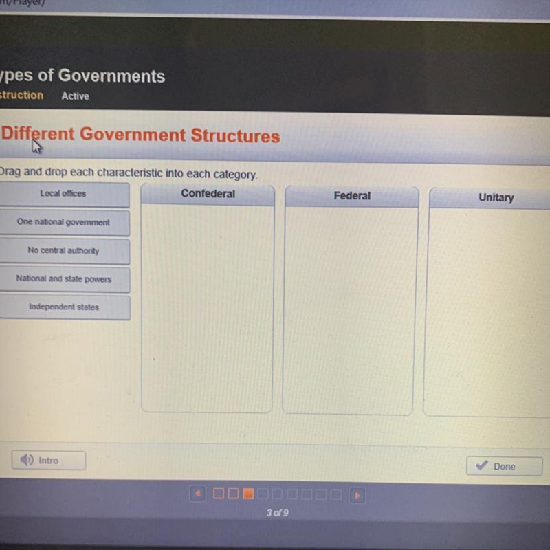 Drag and drop each characteristic into each category Confederal Federal and unitary-example-1