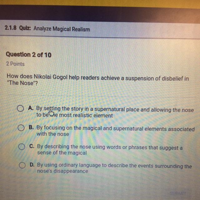 How does Nikolai Gogol help readers achieve a suspension of disbelief in “the nose-example-1