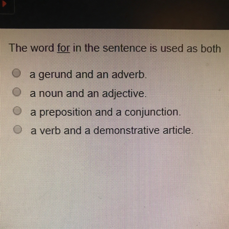 Help Please! Read the sentence. The squirrel reached "for" the bird feeder-example-1