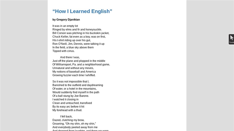 Read the excerpt from “How I Learned English.” It was in an empty lot Ringed by elms-example-1