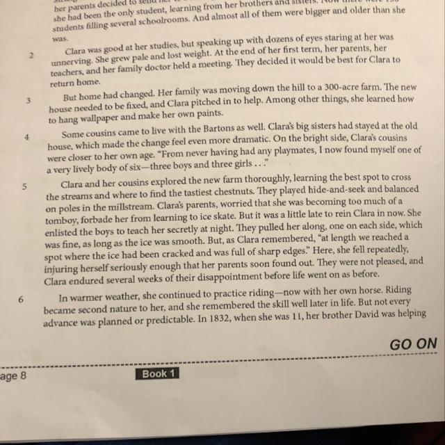 what do paragraphs 5 and 6 show about Clara? a) Clara is active and adventurous. b-example-1