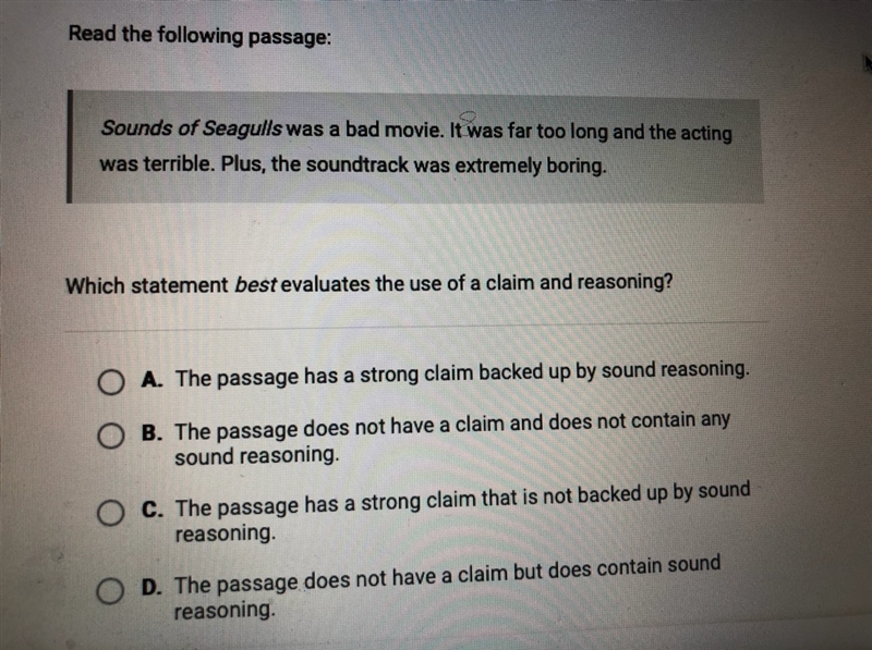 Which statement best evaluates the use of a claim and reasoning?-example-1