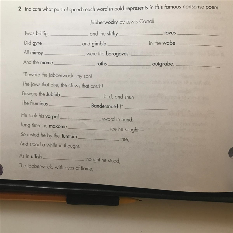 I have to fill in the blank with the differents parts of a sentence (noun, verbs, adjective-example-1