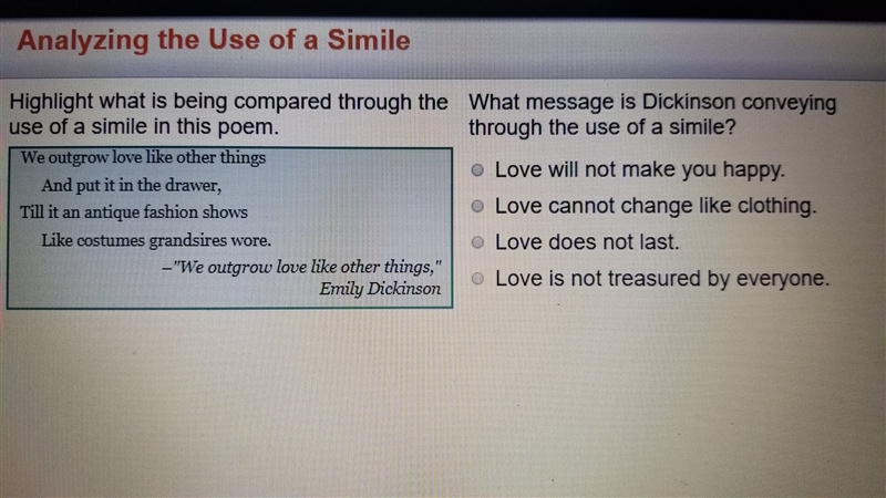 HELP ASAP 20 POINTS. what message is dickinson conveying through the use of a simile-example-1