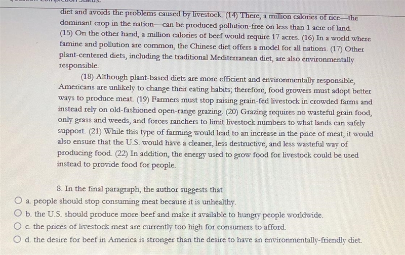 In the final paragraph, the author suggests that A. People should stop consuming meat-example-1