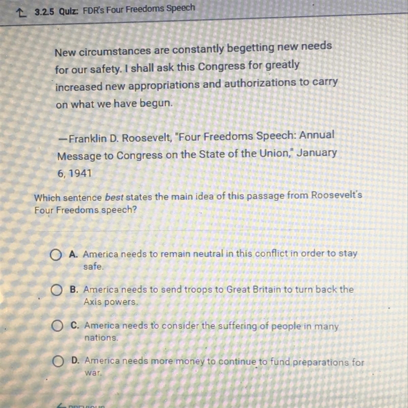 Which sentence best states the main idea of this passage from Roosevelt’s Four Freedoms-example-1