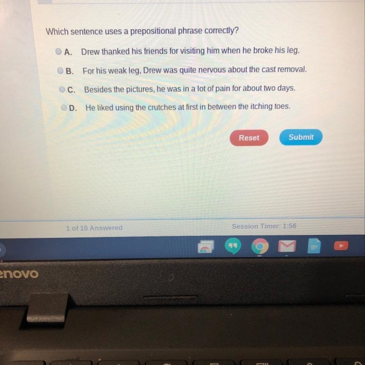 Which sentence uses the prepositional phrase correctly?-example-1