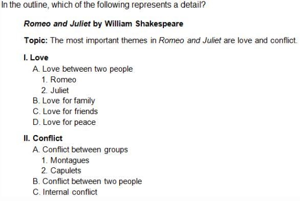 In the outline, which of the following represents a detail? A. “Conflict” B. “Themes-example-1