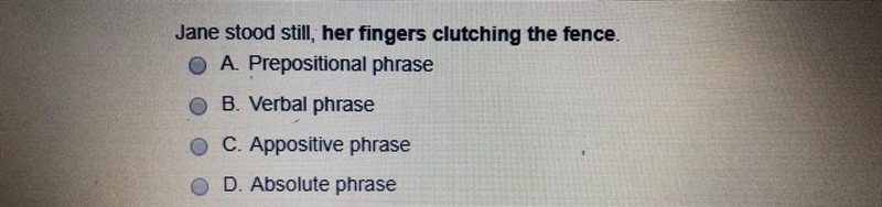 Jane stood still, her fingers clutching the fence. A. Prepositional phrase B. Verbal-example-1