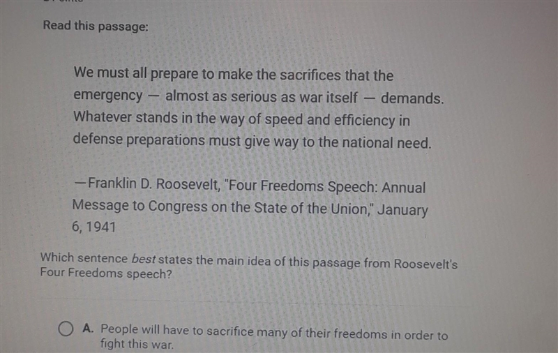 Which sentence best states the main idea of this passage from rooselvelts four freedoms-example-1