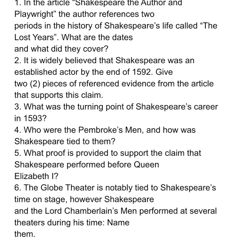 Shakespeare biography help! The questions are above. Answer in order and neatly-example-1