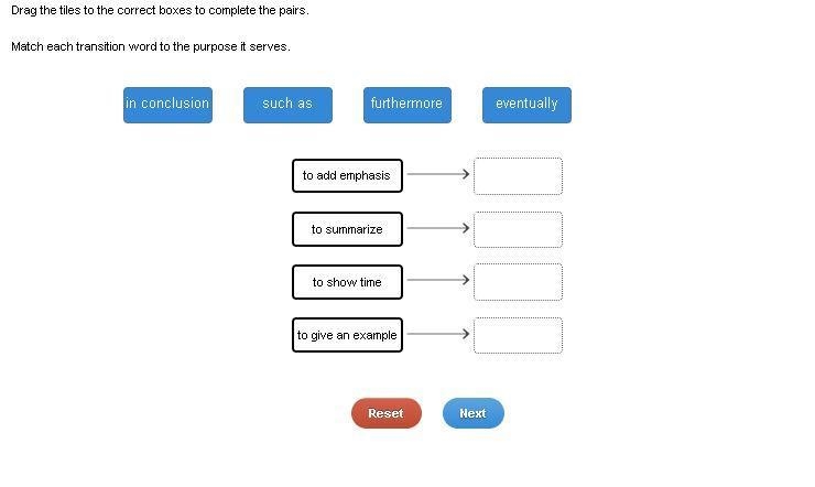 Drag the tiles to the correct boxes to complete the pairs. Match each transition word-example-1