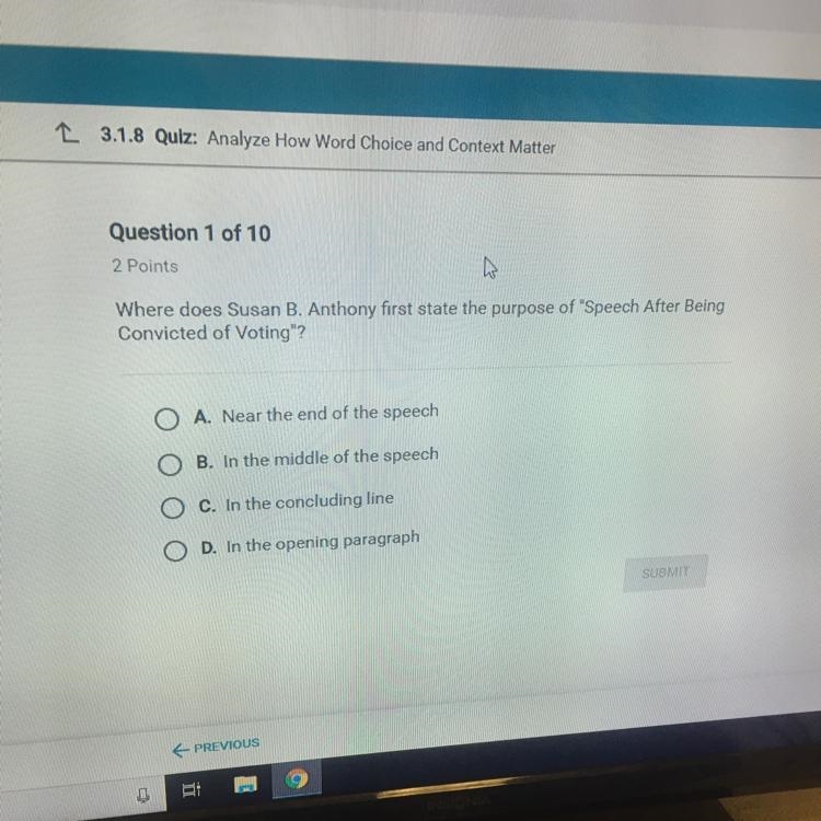 Please answer ASAP!!!! Where does Susan B. Anthony first state the purpose of “Speech-example-1