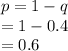 p = 1-q\\= 1-0.4\\= 0.6