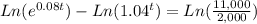 Ln(e^(0.08t))-Ln(1.04^(t) ) =Ln((11,000)/(2,000) )