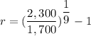 r = ((2,300)/(1,700))^{(1)/(9)}-1