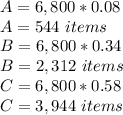 A= 6,800*0.08\\A=544\ items\\B= 6,800*0.34\\B=2,312\ items\\C= 6,800*0.58\\C=3,944\ items