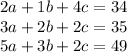 2a + 1b + 4c = 34\\3a + 2b + 2c = 35\\5a + 3b + 2c = 49