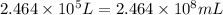 2.464* 10^5 L=2.464* 10^8 mL