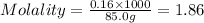 Molality=(0.16* 1000)/(85.0g)=1.86