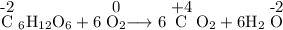 \stackrel{\hbox{-2}}{\hbox{C}}\text{$_(6)$H$_(12)$O$_(6)$} + 6\stackrel{\hbox{0}}{\hbox{O}\text{$_(2)$}} \longrightarrow 6\stackrel{\hbox{+4}}{\hbox{C}}\text{O$_(2)$}} + 6\text{H$_(2)$}\stackrel{\hbox{-2}}{\hbox{O}}