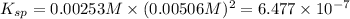 K_(sp)=0.00253 M* (0.00506 M)^2=6.477* 10^(-7)