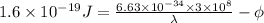 1.6 * 10^(-19) J = (6.63 * 10^(-34) * 3 * 10^(8))/(\lambda) - \phi