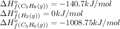 \Delta H^o_f_((C_3H_8(g)))=-140.7kJ/mol\\\Delta H^o_f_((H_2(g)))=0kJ/mol\\\Delta H^o_f_((C_3H_6(g)))=-1008.75kJ/mol