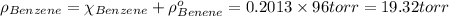 \rho _(Benzene)= \chi_(Benzene)+\rho^(o)_(Benene)= 0.2013* 96torr=19.32torr