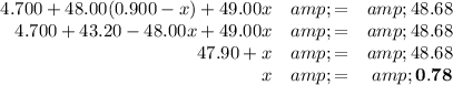 \begin{array}{rcr}4.700 + 48.00(0.900 - x) + 49.00x &amp; = &amp; 48.68\\4.700 + 43.20 - 48.00x + 49.00x &amp; = &amp; 48.68\\47.90 +x &amp; = &amp; 48.68\\x &amp; = &amp; \mathbf{0.78}\\\end{array}