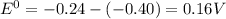 E^0=-0.24-(-0.40)=0.16V