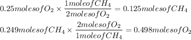 0.25molesofO_(2)*(1moleofCH_(4))/(2molesofO_(2))=0.125molesofCH_(4)\\\\0.249molesofCH_(4)*(2molesofO_(2))/(1moleofCH_(4))=0.498molesofO_(2)