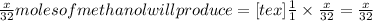 (x)/(32) moles of methanol will produce = [tex](1)/(1)* (x)/(32)=(x)/(32)