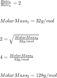 (Rate_1)/(Rate_2)=2 \\ \\ \\ MolarMass_1=32g/mol\\\\\\ 2=\sqrt{(MolarMass_2)/(32g/mol) } \\ \\ \\ 4=(MolarMass_2)/(32g/mol)\\ \\ \\ MolarMass_2=128g/mol