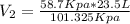 V_2=(58.7Kpa*23.5L)/(101.325Kpa)