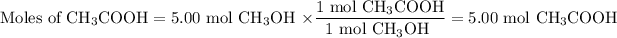 \text{Moles of CH$_(3)$COOH} = \text{5.00 mol CH$_(3)$OH } * \frac{\text{1 mol CH$_(3)$COOH}}{\text{1 mol CH$_(3)$OH }} = \text{5.00 mol CH$_(3)$COOH}