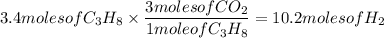 3.4molesofC_(3)H_(8)*(3molesofCO_(2))/(1moleofC_(3)H_(8))=10.2molesofH_(2)