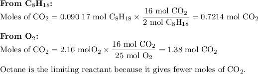 \textbf{From C$_(8)$H$_(18)$:}\\\text{Moles of CO$_(2)$} = &nbsp;\text{0.090 17 mol C$_(8)$H$_(18)$} * \frac{\text{16 mol CO$_(2)$}}{\text{2 mol C$_(8)$H$_(18)$}} = \text{0.7214 mol CO}_(2)\\\\\textbf{From O$_(2)$:}\\\text{Moles of CO$_(2)$} =\text{2.16 molO$_(2)$} * \frac{\text{16 mol CO$_(2)$}}{\text{25 mol O$_(2)$}} = \text{1.38 mol CO$_(2)$}\\\\\text{Octane is the limiting reactant because it gives fewer moles of CO$_(2)$.}