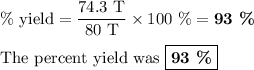 \text{\% yield} = \frac{\text{74.3 T}}{\text {80 T}} *\text{100 \%} = \textbf{93 \%}}\\\\\text{The percent yield was } \boxed{\textbf{93 \%}}