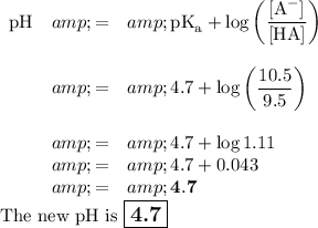 \begin{array}{rcl}\text{pH} &amp; = &amp; \text{pK}_{\text{a}} + \log \left(\frac{[\text{A}^(-)]}{\text{[HA]}}\right )\\\\&amp; = &amp; 4.7 +\log \left((10.5)/(9.5)\right )\\\\&amp; = &amp; 4.7 + \log1.11 \\&amp; = &amp; 4.7 +0.043\\&amp; = &amp; \mathbf{4.7}\\\end{array}\\\text{The new pH is $\large \boxed{\textbf{4.7}}$}