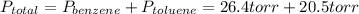 P_(total) = P_(benzene) + P_(toluene) &nbsp;= 26.4 torr + 20.5 torr