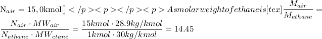 \text{N}_(air) = 15,0 \text{kmol} [\tex]</p><p></p><p>As molar weight of ethane is [tex](M_(air))/(M_(ethane)) = (N_(air)\cdot MW_(air))/(N_(ethane)\cdot MW_(etane)) = (15kmol\cdot 28.9kg/kmol)/(1kmol\cdot 30kg/kmol)=14.45