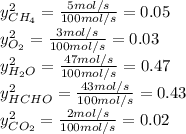 y_(CH_4)^2=(5mol/s)/(100mol/s)=0.05\\y_(O_2)^2=(3mol/s)/(100mol/s)=0.03\\y_(H_2O)^2=(47mol/s)/(100mol/s)=0.47\\y_(HCHO)^2=(43mol/s)/(100mol/s)=0.43\\y_(CO_2)^2=(2mol/s)/(100mol/s)=0.02