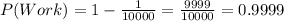 P(Work)=1-(1)/(10000)=(9999)/(10000)=0.9999