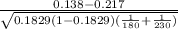 \frac{0.138-0.217}{\sqrt{0.1829(1-0.1829)((1)/(180)+(1)/(230))}}