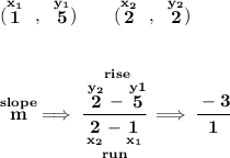 \bf (\stackrel{x_1}{1}~,~\stackrel{y_1}{5})\qquad (\stackrel{x_2}{2}~,~\stackrel{y_2}{2}) \\\\\\ \stackrel{slope}{m}\implies \cfrac{\stackrel{rise} {\stackrel{y_2}{2}-\stackrel{y1}{5}}}{\underset{run} {\underset{x_2}{2}-\underset{x_1}{1}}}\implies \cfrac{-3}{1}